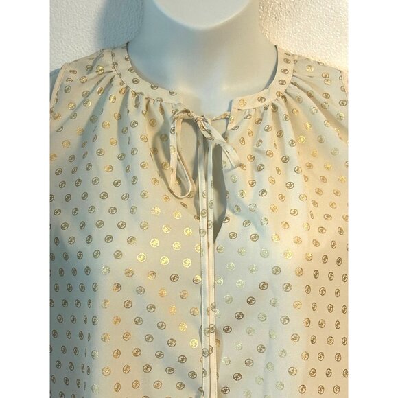 Michael Kors Cold Shoulder Blouse Shirt Top Gold Logo Polka Dot Print Size Small - Picture 2 of 6
